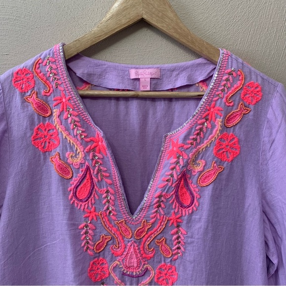 Lilly Pulitzer Amelia Island Tunic Lilac Verbena Linen Size Large Purple Pink - Picture 3 of 14